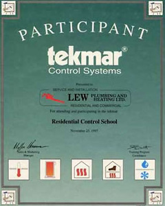 Vancouver Plumbers Lew Plumbing Certifications: Tekmar Certificate